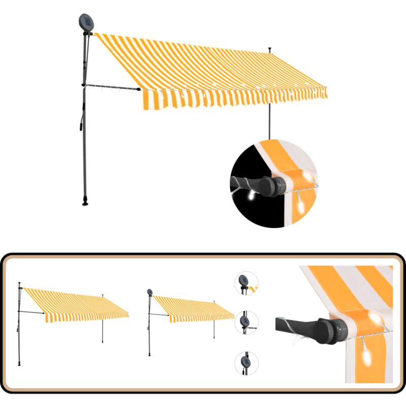 Auvent manuel rétractable avec LED 350 cm Blanc et orange - Auvent Retractable - Store Banne - Parasol - Abri Extérieur - Terrasse