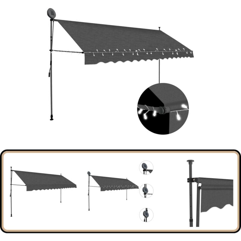 Auvent manuel rétractable avec led 400 cm Anthracite - Auvent Retractable - Auvent Exterieur - Store Banne - Abri Soleil - Protection Solaire