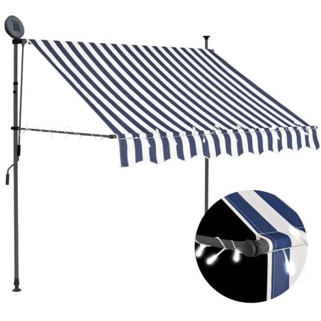 Auvent manuel rétractable avec LED,Marquise Anti-UV,Auvent facile à assembler 150 cm Bleu et blanc -FR42593