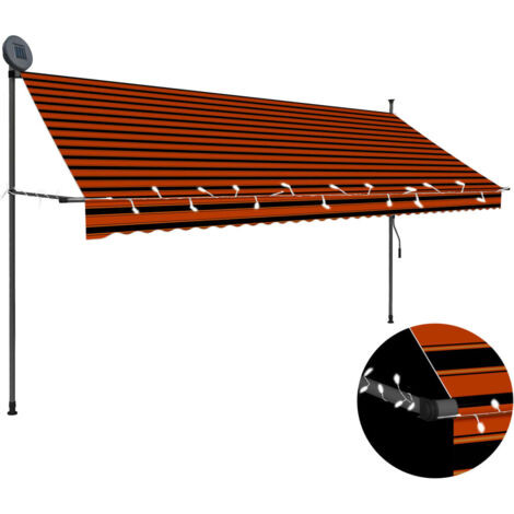 Auvent manuel rétractable avec LED,Marquise Anti-UV,Auvent facile à assembler 350 cm Orange et marron -FR60535