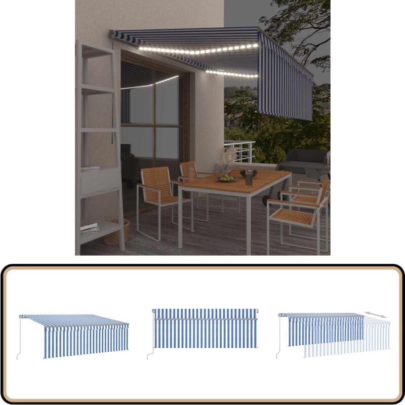 Auvent manuel rétractable avec store et led 4,5x3 m Bleu blanc - Auvent Retractable - Parasol Exterieur - Abri Soleil - Store Banne - Pergola Pliable