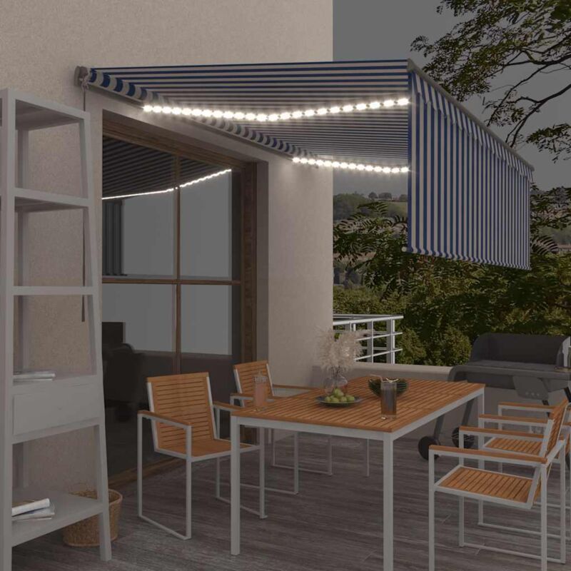 Vidaxl - Auvent manuel rétractable avec store et led 4,5x3 m Bleu blanc