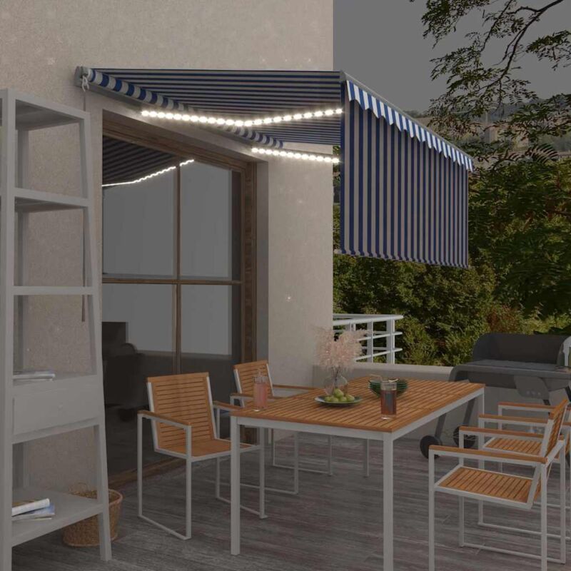 Auvent rétractable manuel avec store led 3,5x2,5m Bleu et blanc - Vidaxl