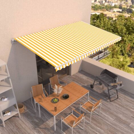 Auvent manuel rétractable,Marquise Anti-UV,Auvent facile à assembler 500x350 cm Jaune et blanc -FR74120