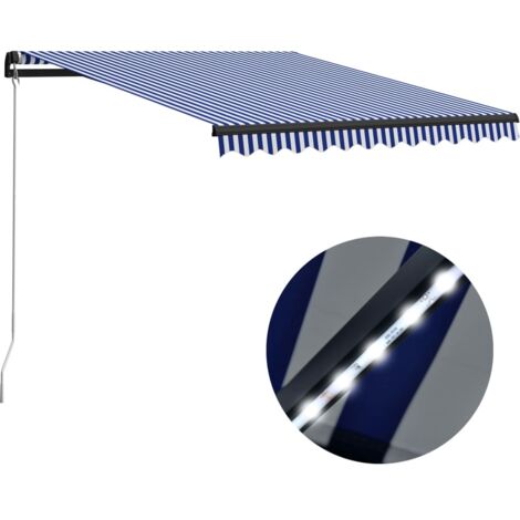 Auvent manuel  Store Banne Solaire abri  Marquise Brise-soleil rétractable avec LED 300x250 cm Bleu et blanc LKOWF82745
