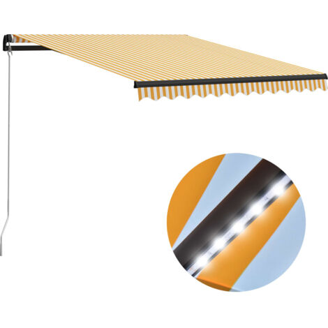 Auvent manuel  Store Banne Solaire abri  Marquise Brise-soleil rétractable avec LED 300x250 cm Jaune et blanc LKOWF44164