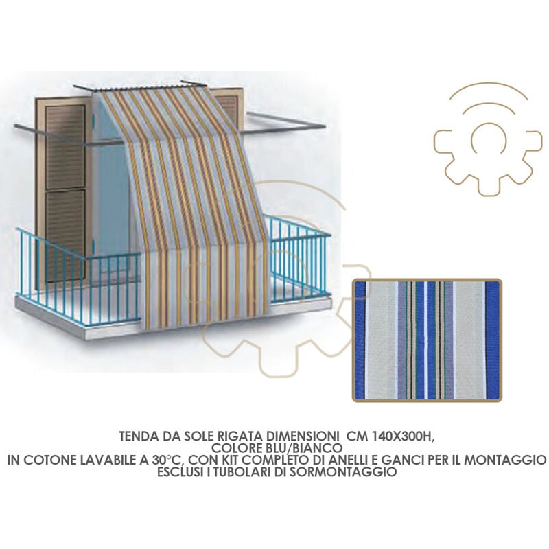 Inferramenta - Auvent rayA bleu / blanc 140 x 300 h Kit coton lavable anneaux et crochets extA rieur balcon fenA tre terrasse