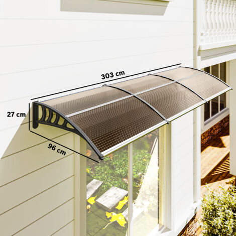 Auvent résistant aux intempéries pour porte d'entrée/fenêtre, marron, tiges de connexion en aluminium/polycarbonate, 303 x 96 x 27 cm, noir