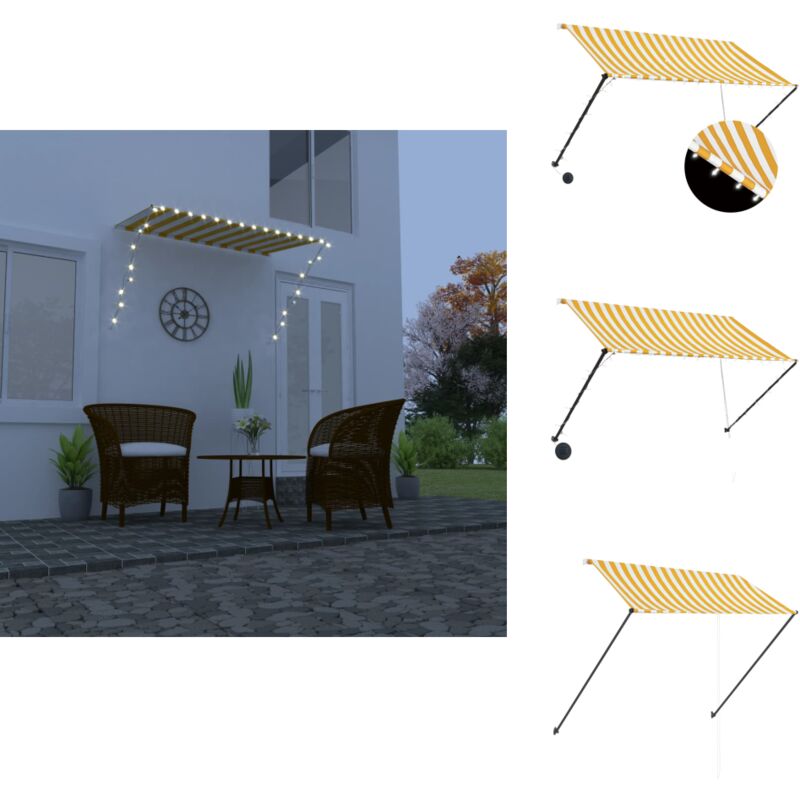 Auvent rétractable avec led 250x150 cm Jaune et blanc - Auvent Retractable - Store Banne - Parasol - Protection Soleil - Éclairage Led Solaire