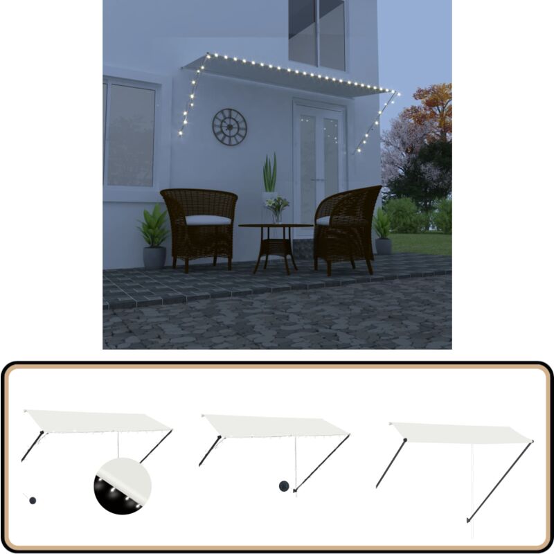 Auvent rétractable avec led 300x150 cm Crème - Auvent Retractable - Stores Exterieurs - Parasol - Protection Soleil - Éclairage Led Solaire
