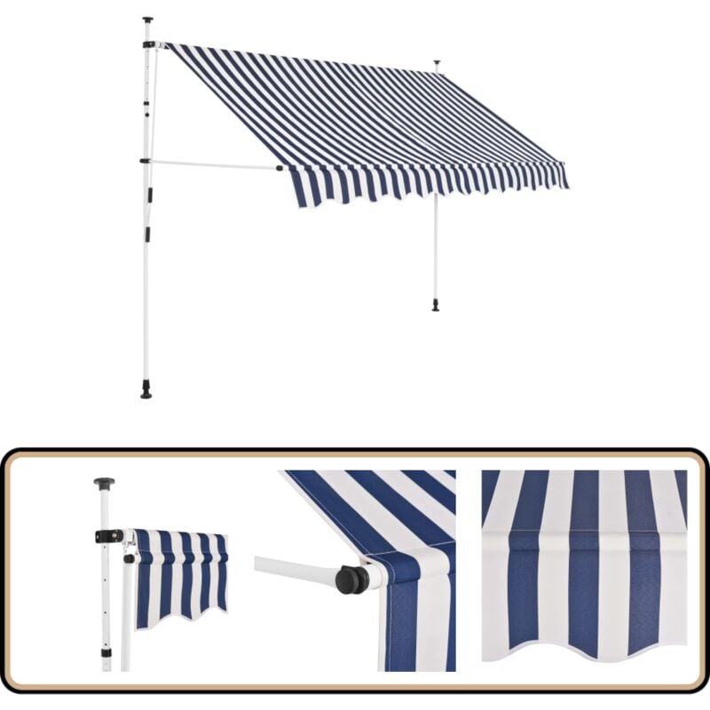 Auvent rétractable manuel 300 cm Rayures bleues et blanches - Auvent Retractable - Stores Exterieurs - Parasol - Abri Solaire - Protection Soleil