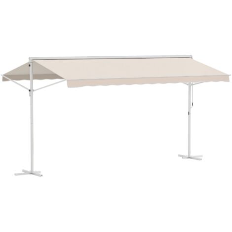 Auvent rétractable manuel Outsunny, double pente, inclinaison réglable, acier époxy blanc, toile polyester beige imperméable anti-UV, 4,5 x 3,4 x 2,55 m