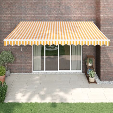 Auvent rétractable, Store Banne, Marquise Brise-soleil jaune et blanc 4x3 m tissu et aluminium LKOWF82286