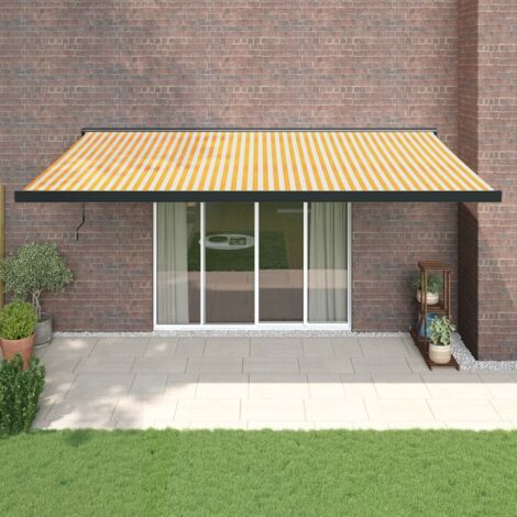 Auvent rétractable, Store Banne, Marquise Brise-soleil jaune et blanc 5x3 m tissu et aluminium LKOWF76507