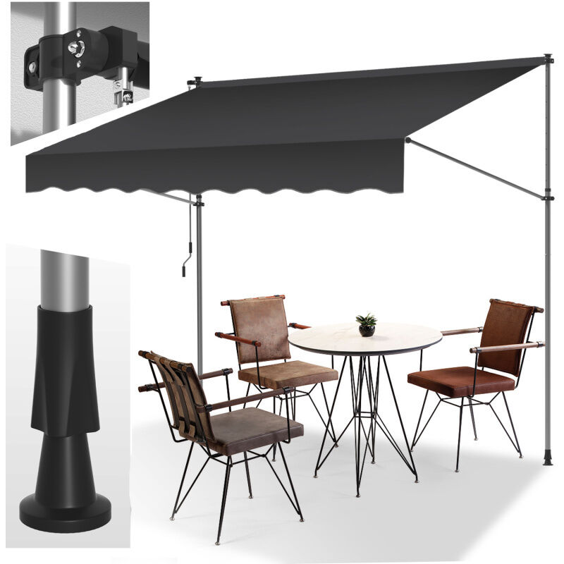 Auvent Store à pince Store Banne Rétractable Etanche avec Manivelle&Tige de Support Auvent Store à pince retractable manuel 350cm Gris