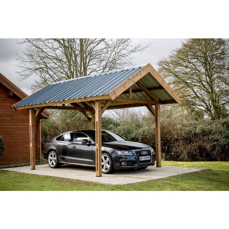 Habrita - Auvent 17,89 m² – Bois Thermochauffé – Toit Double Pente en Bac Acier