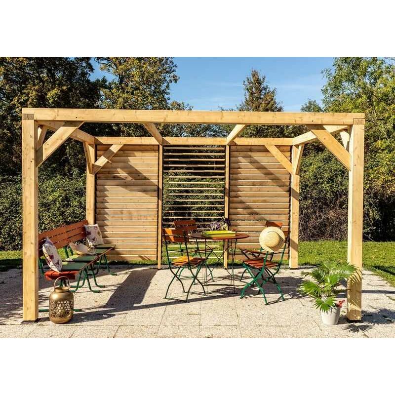 Habrita - Pergola Veneto - 3,40 x 3,12 m - Sapin du Nord Contrecollé - Ventelles Mobiles sur 1 Paroi