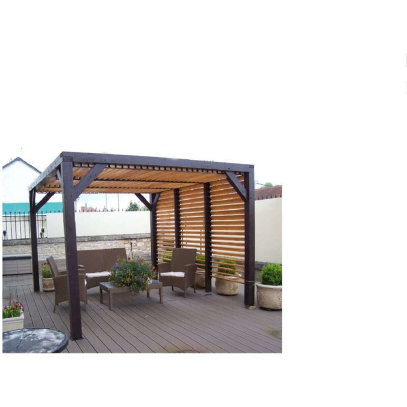 Habrita - Pergola Veneto - 3,40 x 3,12 m - Sapin du Nord Contrecollé - Ventelles Mobiles sur le Toit et 1 Paroi