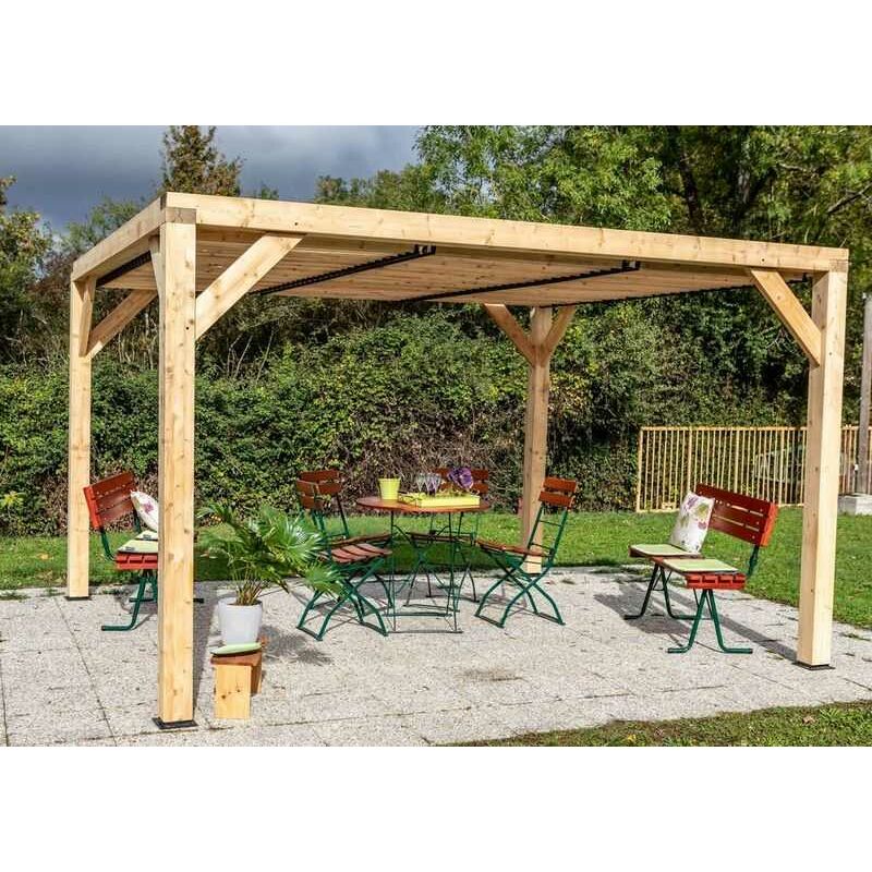 Habrita - Pergola Veneto - 3,40 x 3,60 m - Sapin du Nord Contrecollé - Ventelles Mobiles sur le Toit