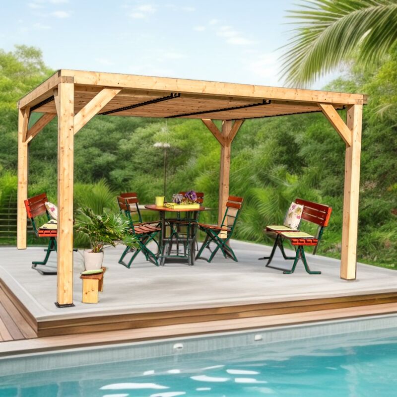 HABRITA Auvent VENETO en douglas massif avec ventelles toit - S.h.t. : 12,20 m2 - dimensions 3,39 m x 3,60 m