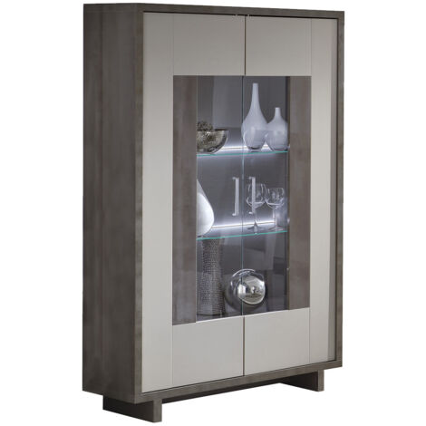 AUXANE - Vitrine 2 Portes Gris Acier Metallisé et Gris Mat avec Leds