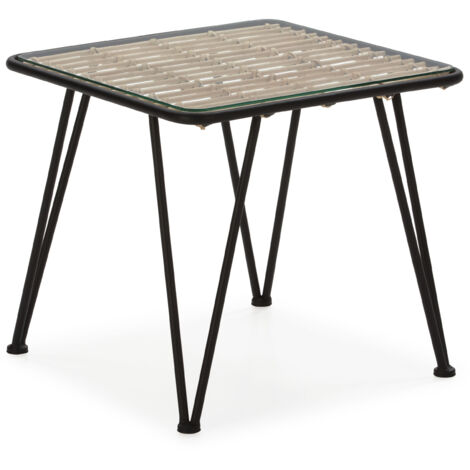 Auxiliary Tabelle 51x51x46 Glas/Black Metall/Natural Rattan Möbel/Konsolen für alle Stile, um dem Haus eine Note zu verleihen