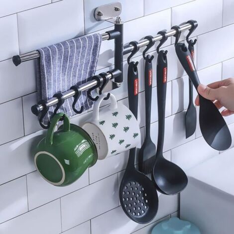 AVANC Barre Mural Cuisine 10 crochet Support Rangement En 304 Acier Inox Pour Ustensiles Spatule Casserole Rotative Sans Poinçon