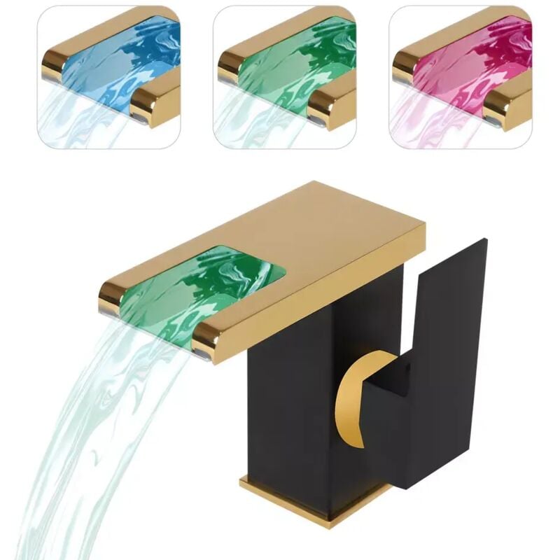 Senderpick - Avec éclairage 3 Colour led Waterfall Bathroom Tap Black Gold Bathroom Tap Hydropower
