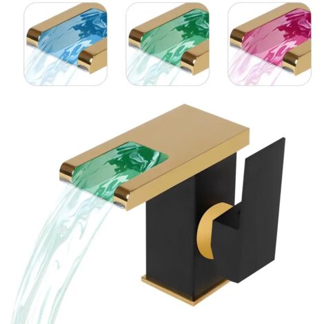 Avec éclairage 3 Colour LED Waterfall Bathroom Tap Black Gold Bathroom Tap Hydropower
