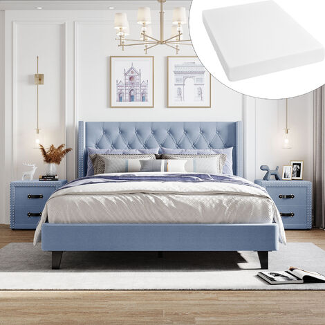 (Avec Matelas) Ensemble de Chambre à Coucher, Lit Double Design Moderne avec Ailes + 2x Tables de Chevet avec Double Rangée de Goujons, Lit Rembourré avec Boutons et Motif Diamant, Table de Chevet ave