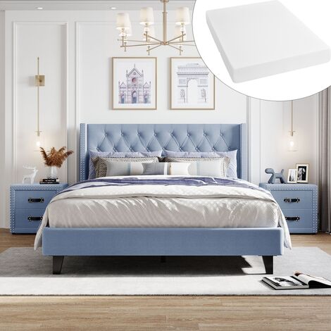 (Avec matelas) ensemble de chambre à coucher, lit double design moderne avec ailes + 2x tables de chevet avec double rangée de rivets, lit rembourré avec boutons et motif en losange, table de chevet a