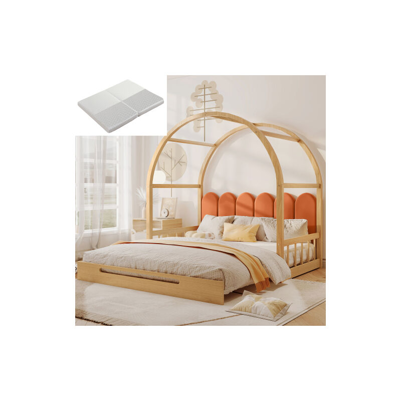 (avec matelas) lit de toit voûté extensible, lit coulissant, lit bébé, canapé - lit, lit double, matelas en velours, cadre en pin, naturel et orange
