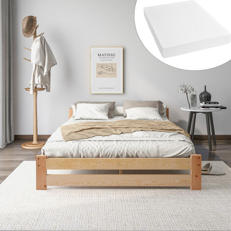 （Avec matelas）Lit futon en bois massif massif lit en bois massif naturel avec tête de lit et sommier à lattes, naturel (200x140cm) OKWISH