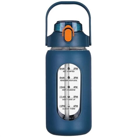 avec Paille, Bouteille en Verre avec Manchon en Silicone et Marqueur de Temps, pour Salle de Sport, Bureau à Domicile, Bleu Marine