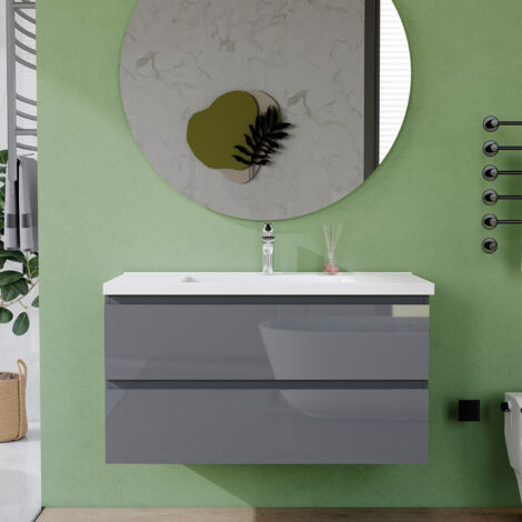 AVER-GROWTH 1000mm Gloss Grey Bathroom Vanity Unit With Wash Basin Ceramic Sink, 2 Soft-Close Drawers for Storage, Wall Hung Cabinets