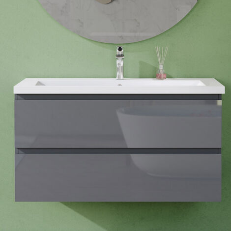 AVER-GROWTH 1000mm Gloss Grey Bathroom Vanity Unit With Wash Basin Resin Sink, 2 Soft-Close Drawers for Storage, Wall Hung Cabinets