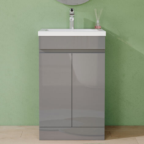 AVER-GROWTH 500mm Gloss Grey Bathroom Vanity Unit With Wash Basin Ceramic Sink, 2 Double Door Floor Standing Design Flat Packed