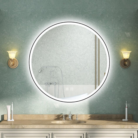 AVER-GROWTH 600mm Round Bathroom LED Mirrors with Black Framed, Bathroom Mirror with 3 Colors Lights, Dimmable & Demister, Brightness Memory Function, Wall Switch, Touch Switch
