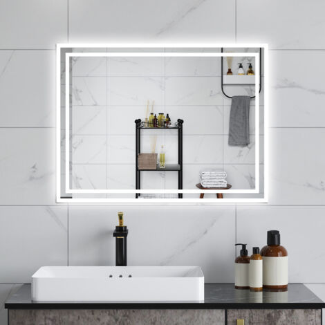 AVER-GROWTH 800x600mm Backlit Bathroom LED Mirror,Wall Mounted Bathroom Mirror with Shaver Socket, 3 Color Modes Dimmable, Demister Pad, Touch Switch, Vertical/Horizontal