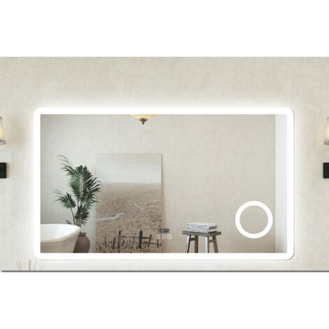 AVER-GROWTH 800x600mm Bluetooth 3 Color Dimmable Bathroom LED Mirror ,Illuminated Backlit Bathroom Mirror with Anti-fog, Magnifiying, Clock, Touch, Brightness Memory, IP44