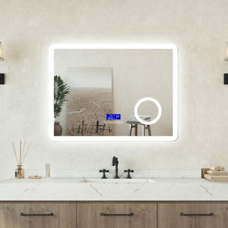 AVER-GROWTH 80x60cm 3 Color Bathroom LED Mirror with Anti-fog, Touch, Bluetooth Speaker, Clock, Magnifying, Memory Function, IP 44