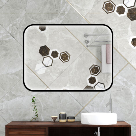 AVER-GROWTH 80x60cm Black Frame LED Bathroom Mirror Illuminated Wall Mirror with Dimmable 3 Color Lights Touch Switch Wall Switch