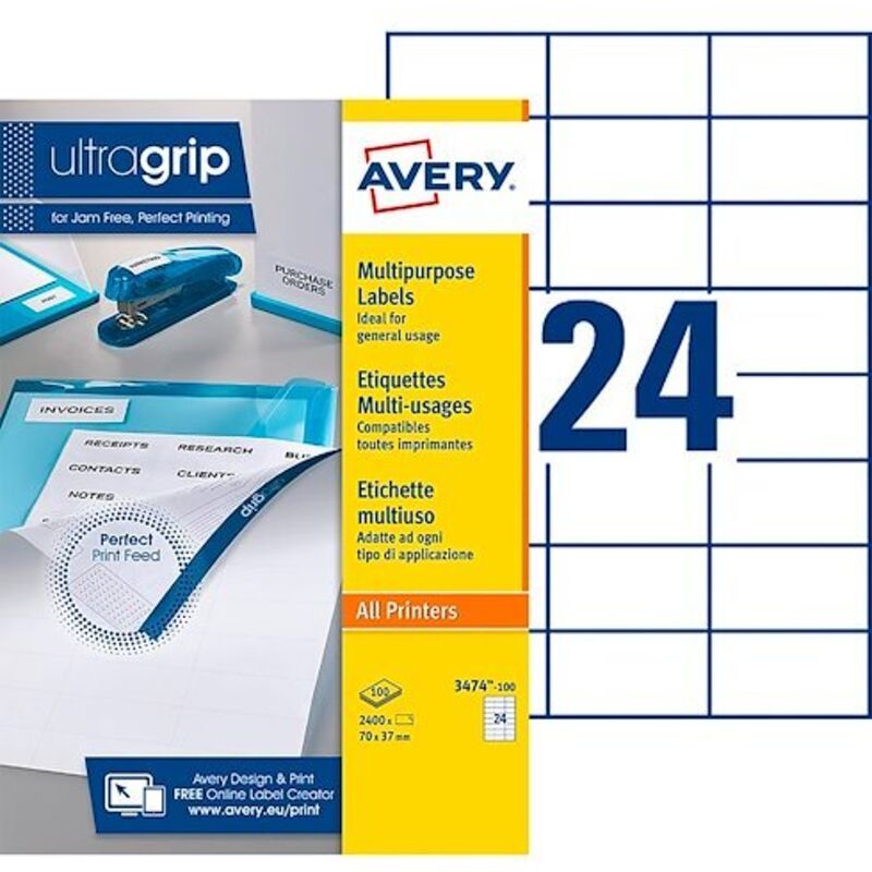 AVERY  Etiquette adresse jet d'encre et laser 70 x 37 mm  3474-100 blanche - Bo&icirc;te de 2400