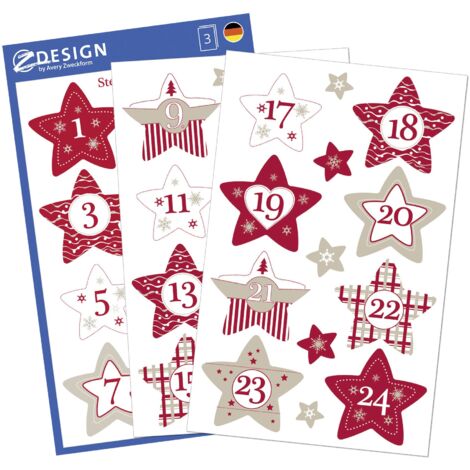AVERY 52890 Zweckform Calendario dell'Avvento con numeri 24 stelle (made in Germany, adesivi di Natale, carta, autoadesivi, numeri di stelle, numero 1-24, calendario di Natale)
