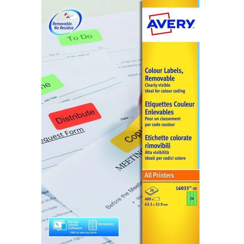 Coloured Label 63.5x34mm 24 Per A4 Sheet Green (Pack 480 Labels) L60 - Avery