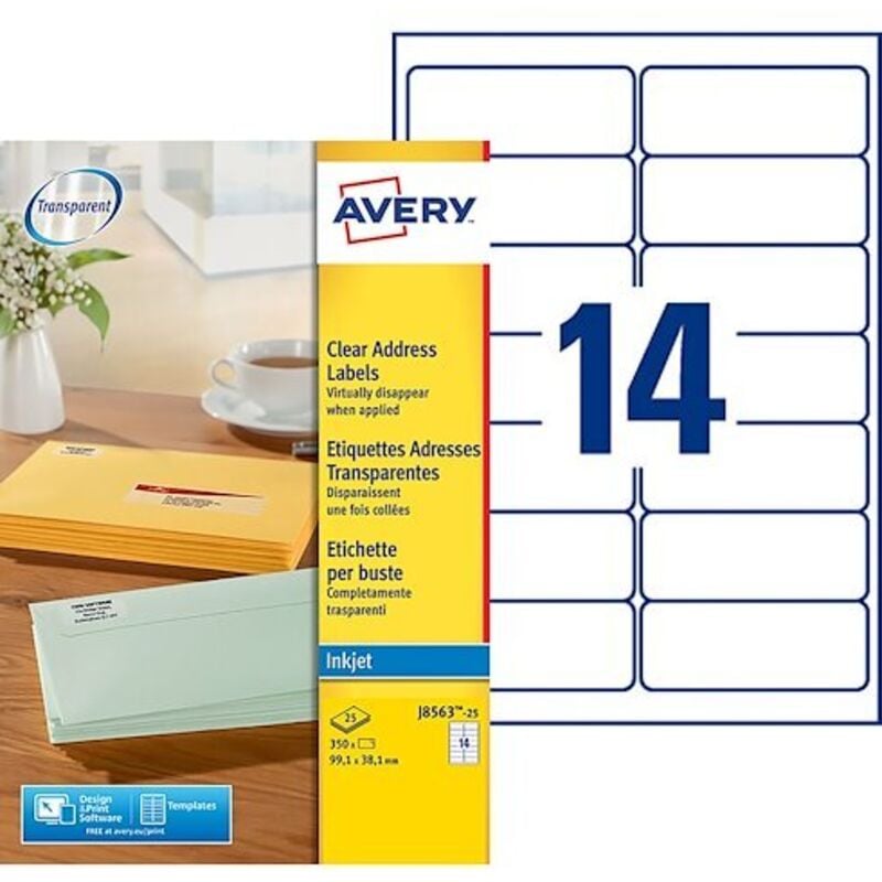 Etiquettes adresses jet d'encre 99,1 x 38,1 mm Avery J8563-25 transparentes - Pochette de 350