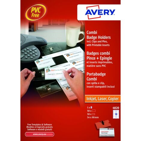 Avery Kit Portabadge Combi 4820 Con Spilla E Clip, 50 Portabadge + 50 Inserti Stampabili, 54x90 mm, Trasparente