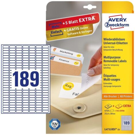 Avery L4731REV-25 etichetta autoadesiva Rettangolo con angoli arrotondati Rimovibile Bianco 5670 pz