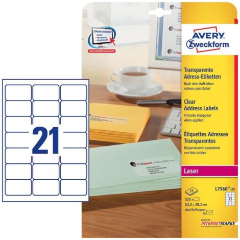 Avery L7560-25 etichetta autoadesiva Rettangolo con angoli arrotondati Permanente Trasparente 525 pz