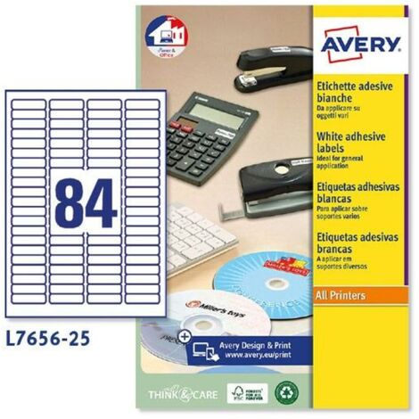 Avery L7656-25 Etiquetas Adhesivas Mini, 84 Etiquetas por Hoja, 25 Hojas, 46 x 11,1 mm, Blanco
